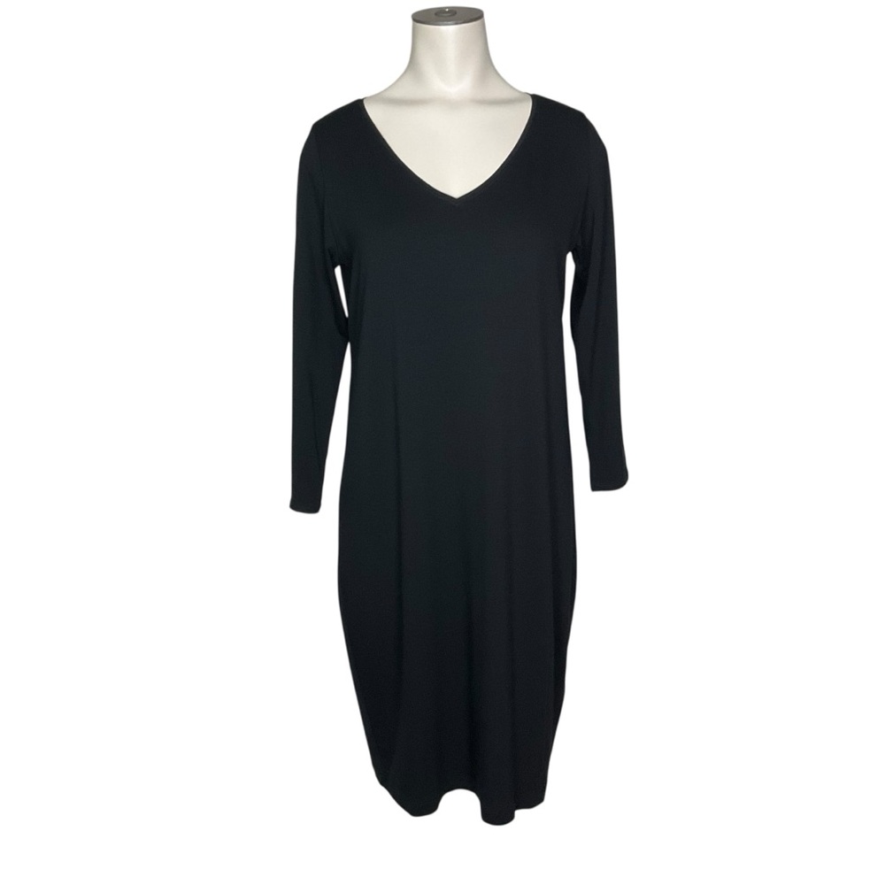 EILEEN FISHER sz X Small Long Sleeve Shift Dress V Neck Tencel + Lyocell Black